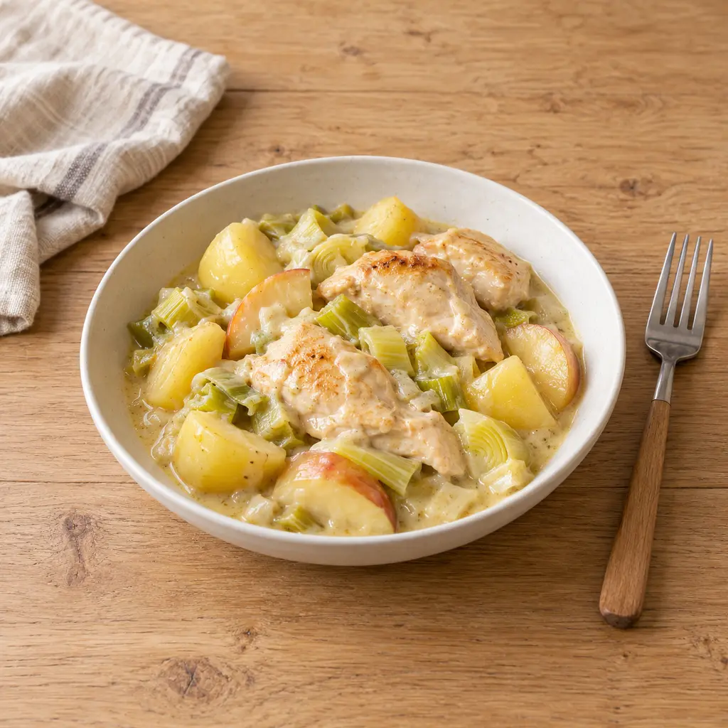 Poulet au cidre, poireaux et pommes
