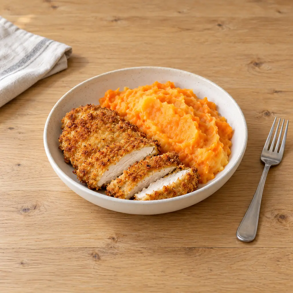 Escalopes panées croustillantes au air fryer, purée de carottes