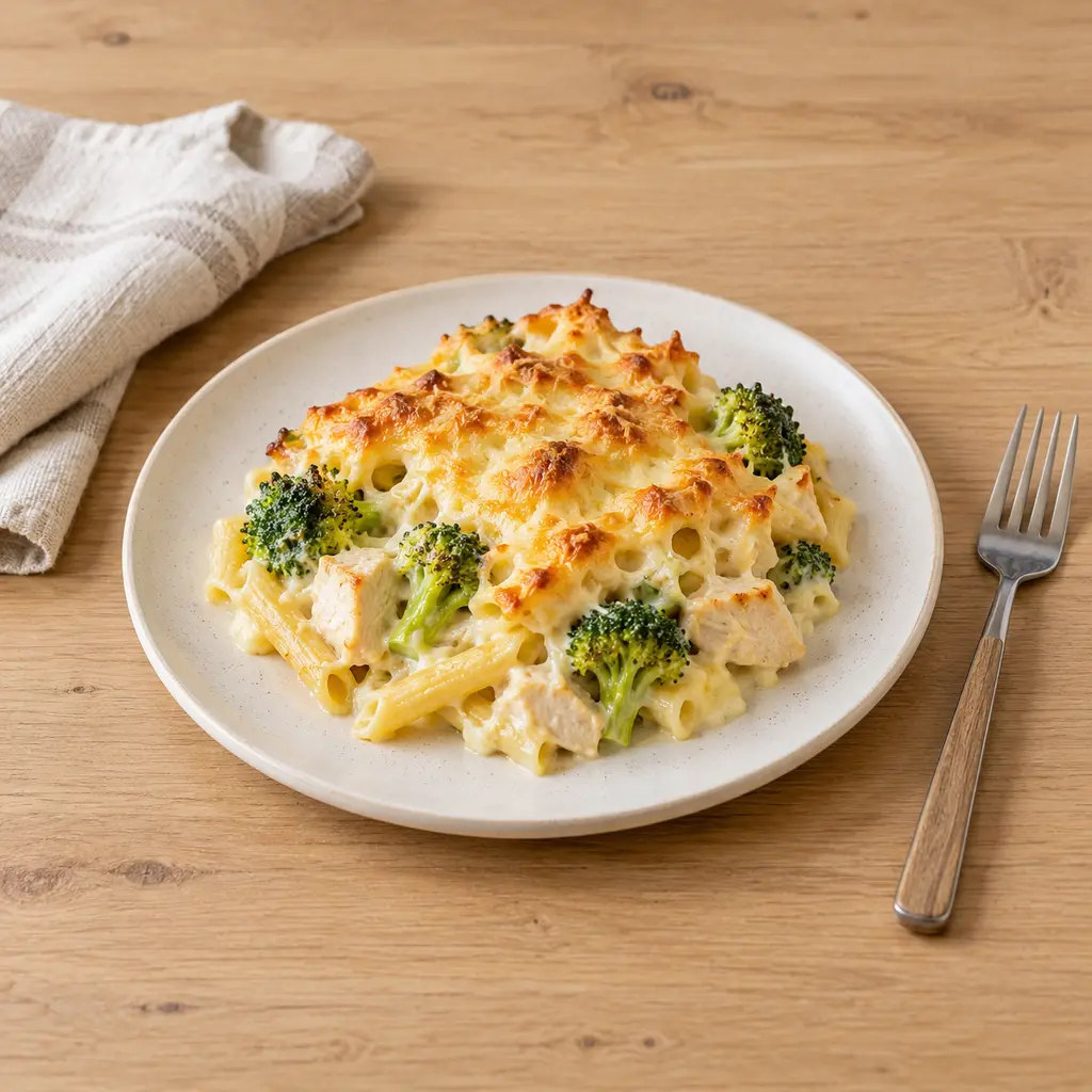 Gratin de pâtes poulet-brocoli, sauce Mornay
