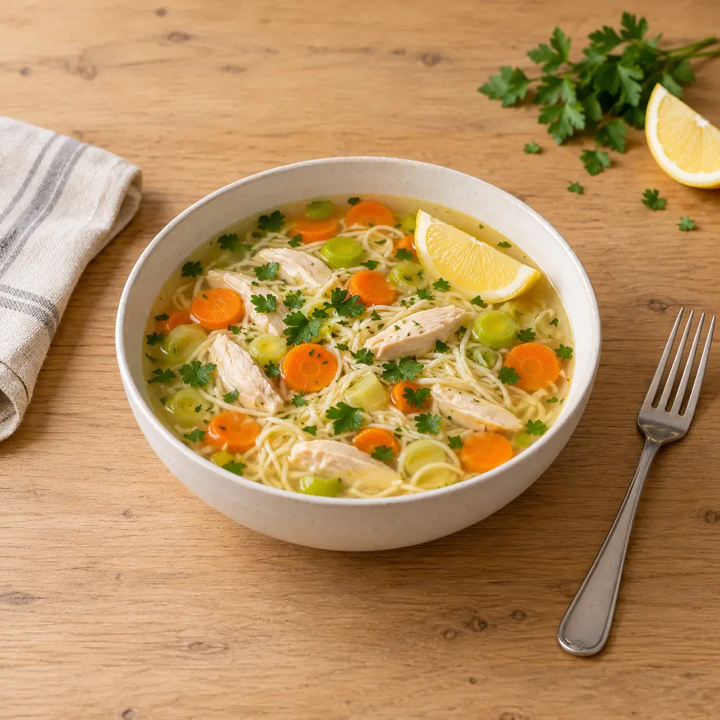 Bouillon de poulet aux vermicelles et petits légumes