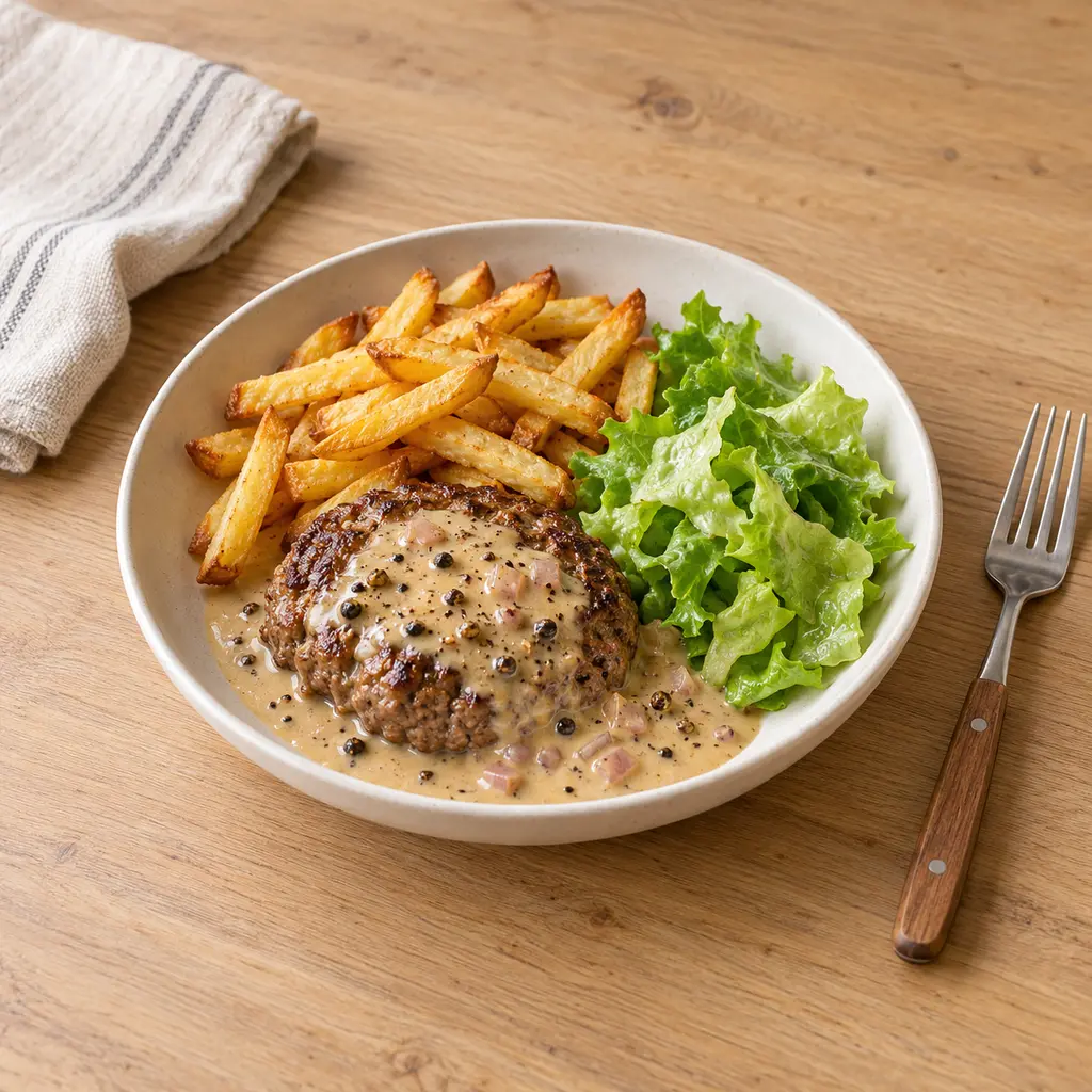 Steak haché sauce au poivre, frites au air fryer