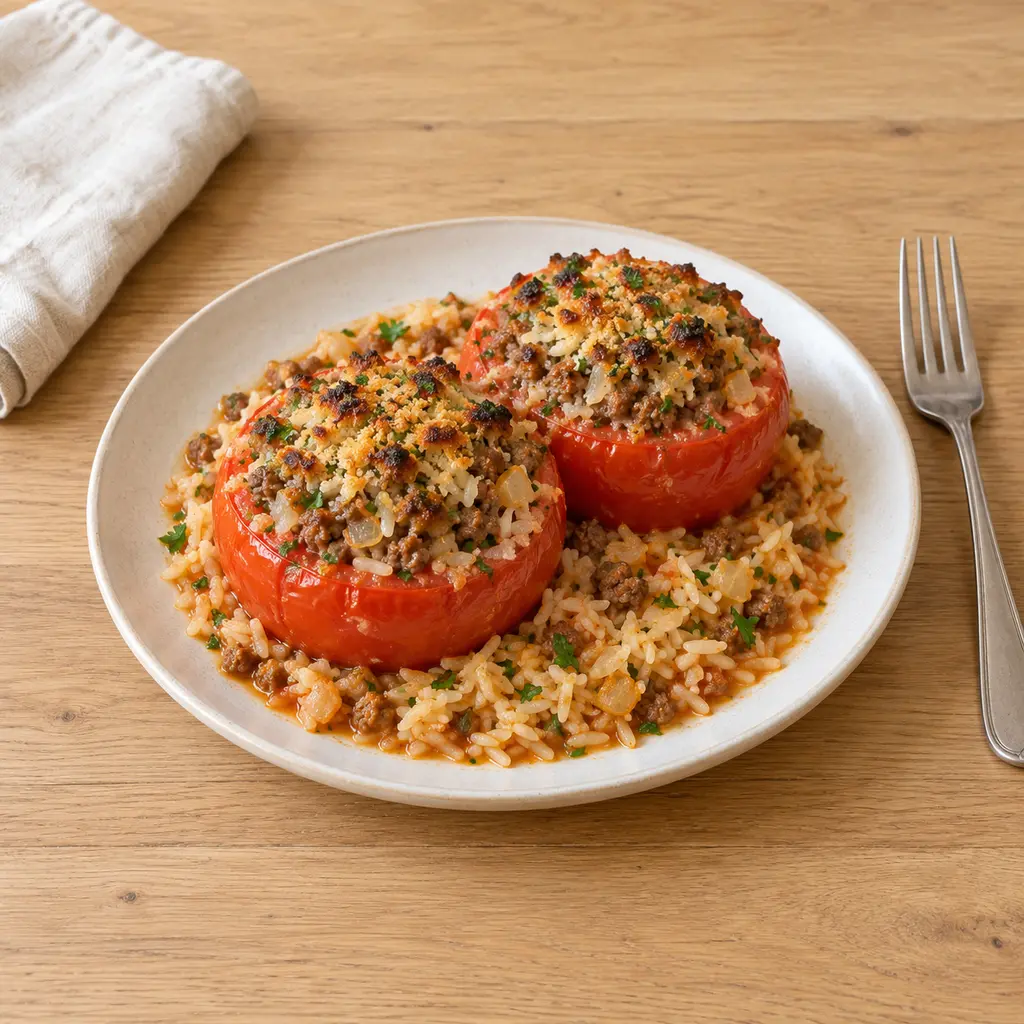 Tomates farcies boeuf et herbes, riz cuit dans le jus