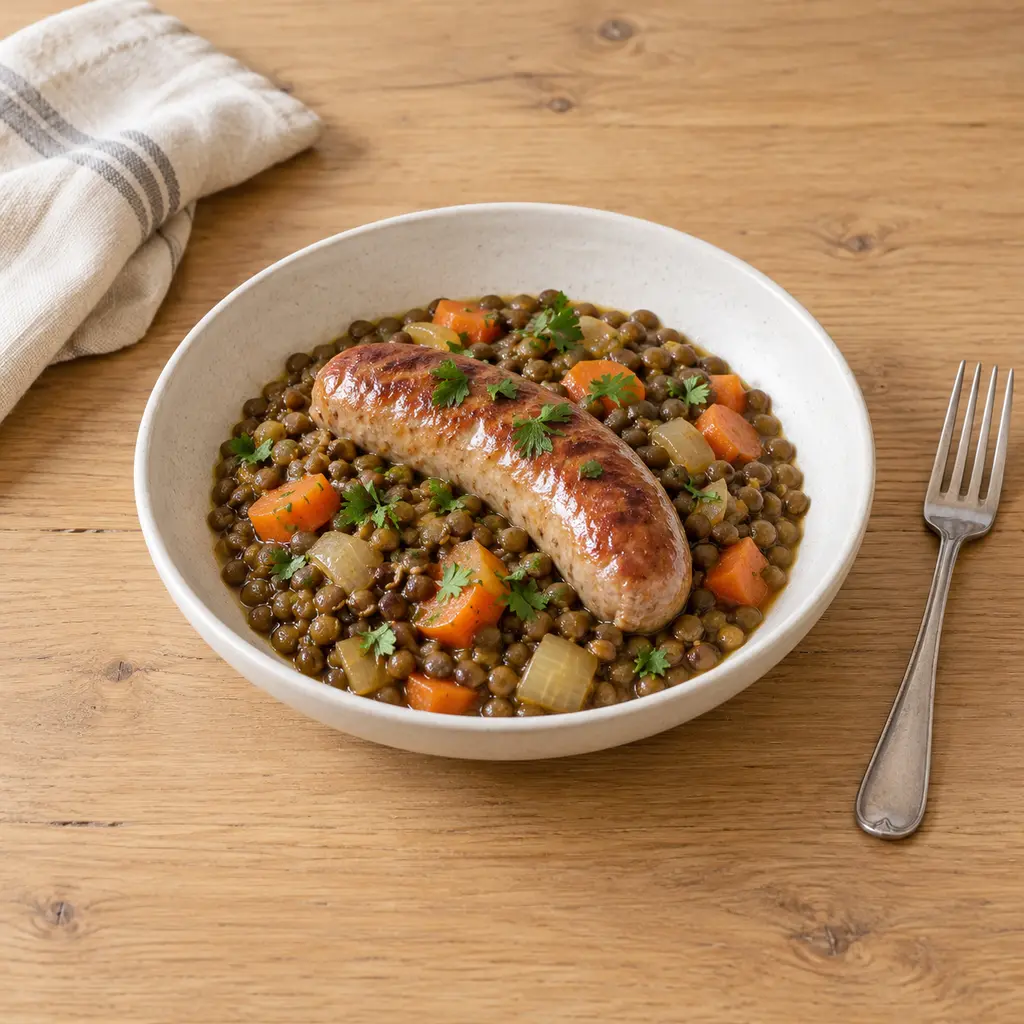 Saucisses aux lentilles vertes et moutarde