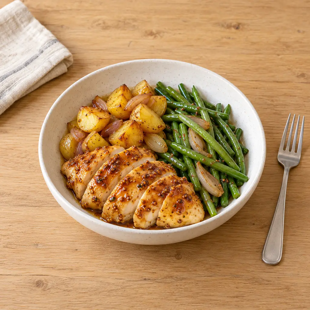 Poulet laqué moutarde-miel et haricots verts sautés