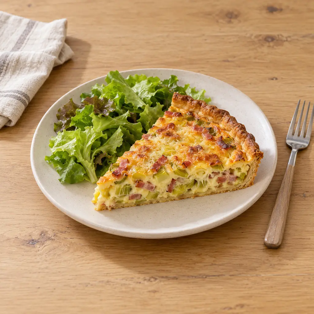 Quiche poireaux-lardons, pâte bien croustillante