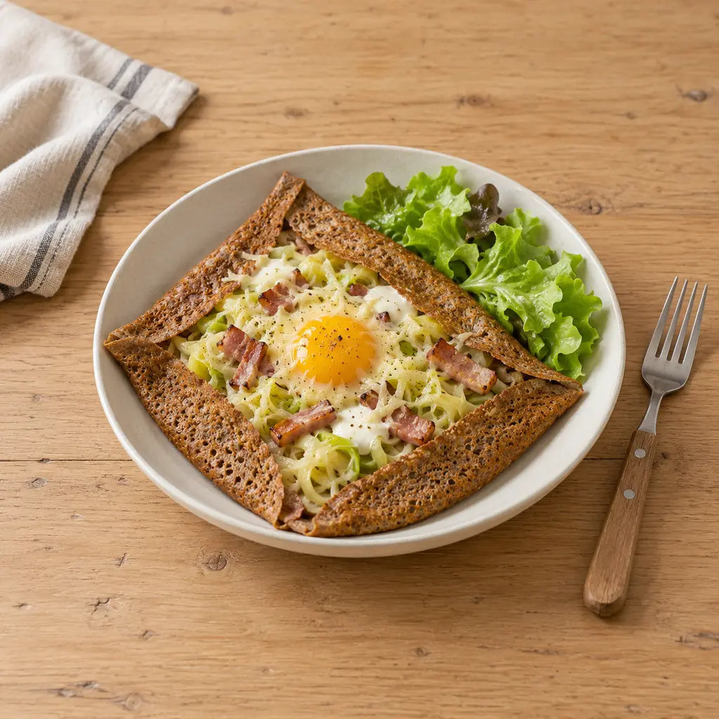 Galettes de sarrasin, fondue de poireaux, lardons et oeuf