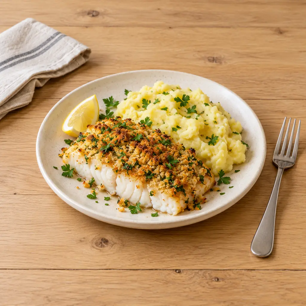 Colin en croûte de persillade, écrasé de pommes de terre