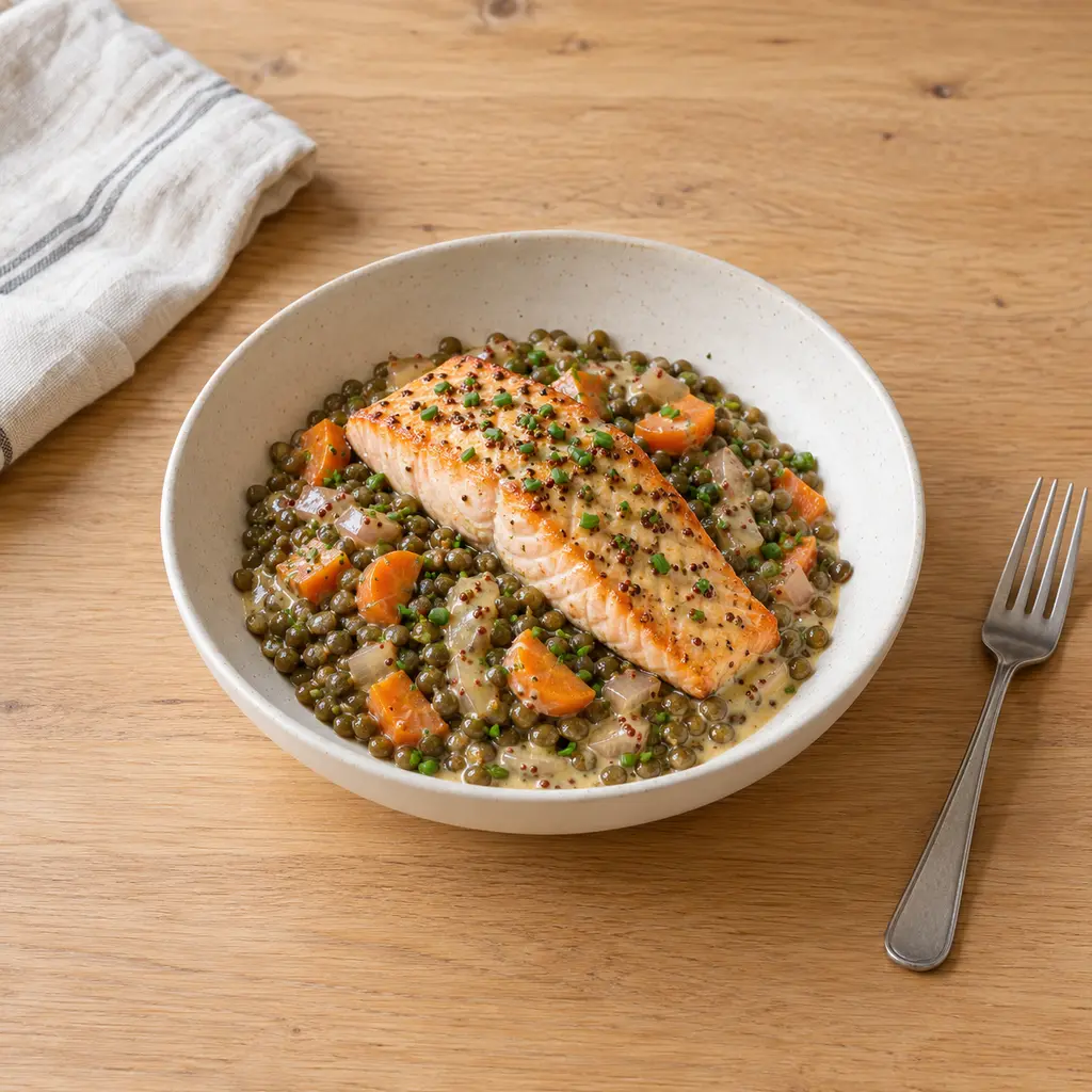 Saumon, lentilles vertes et crème à la moutarde