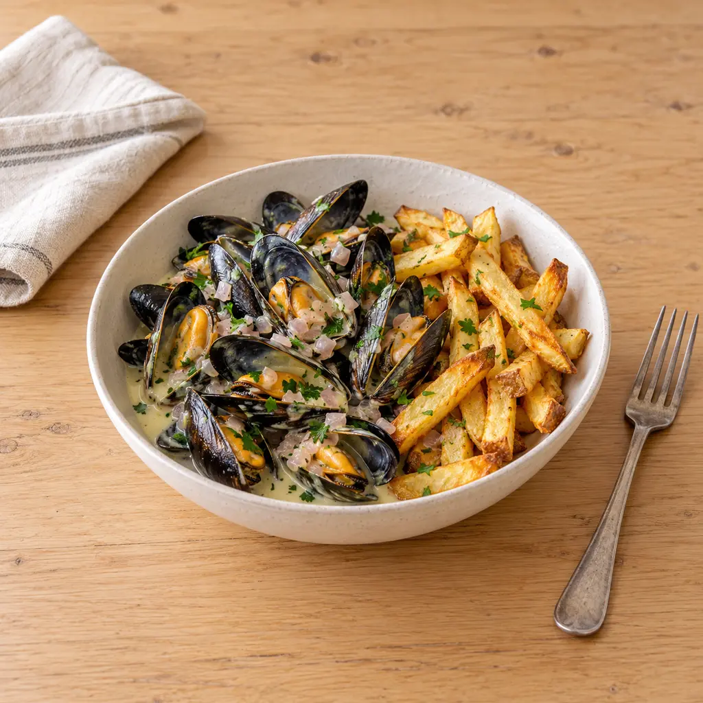Moules à la normande et frites au four