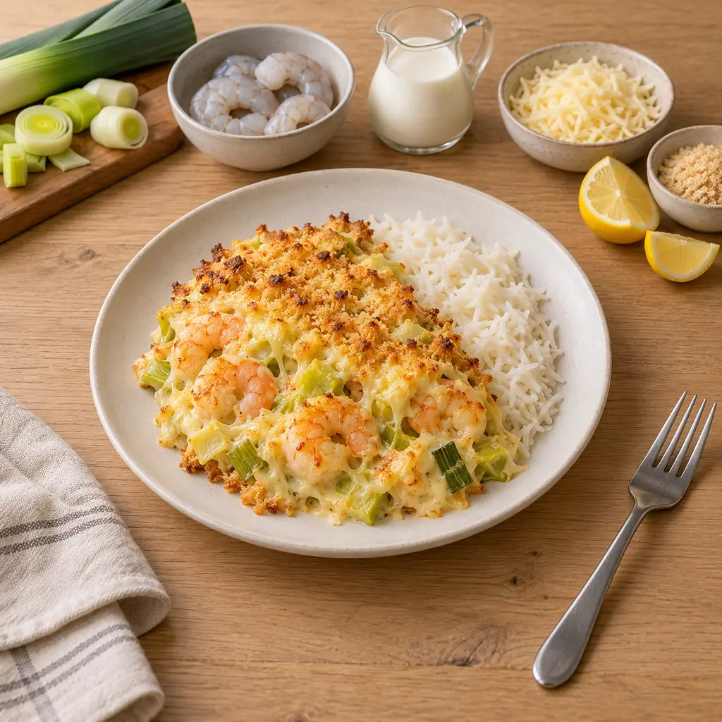 Gratin de crevettes et poireaux à la crème