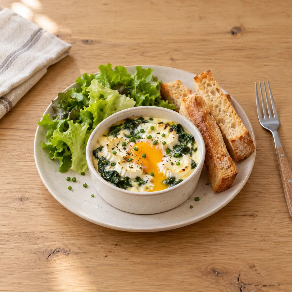 Oeufs cocotte épinards-chèvre et mouillettes