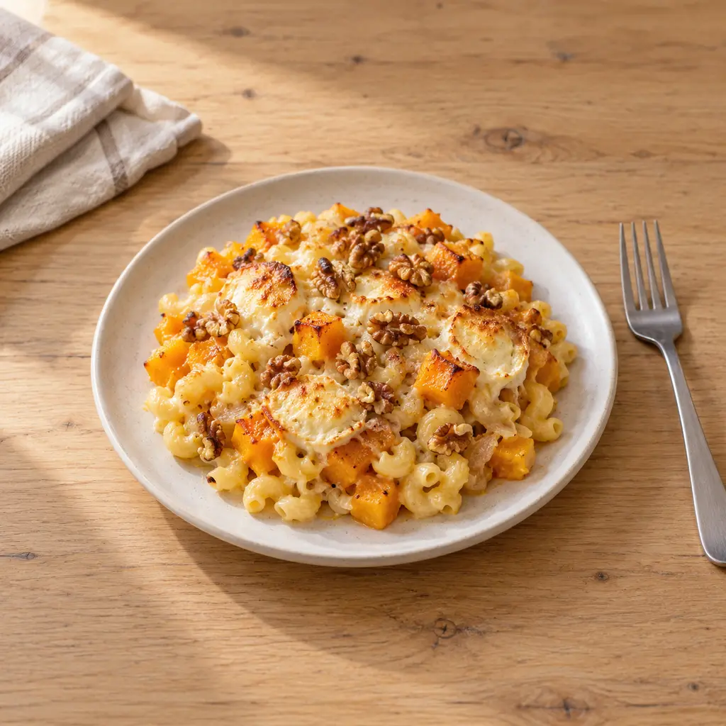 Gratin de coquillettes butternut-chèvre et noix
