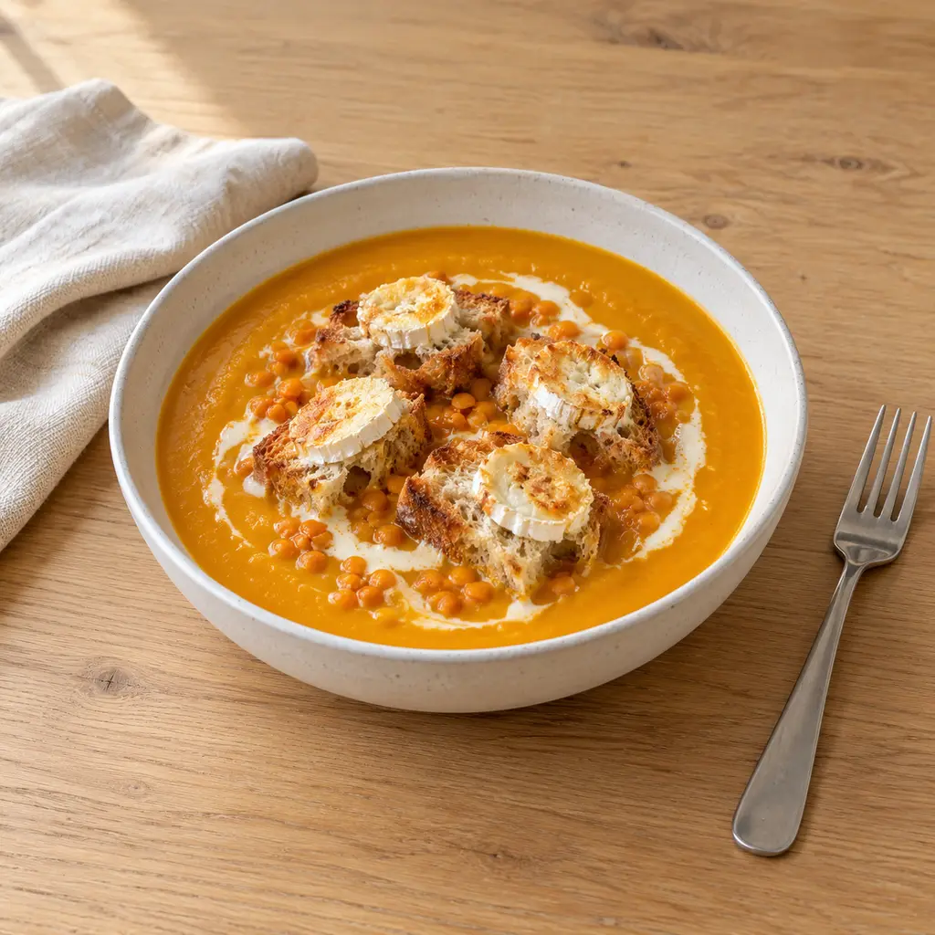 Velouté de potimarron, croûtons au chèvre