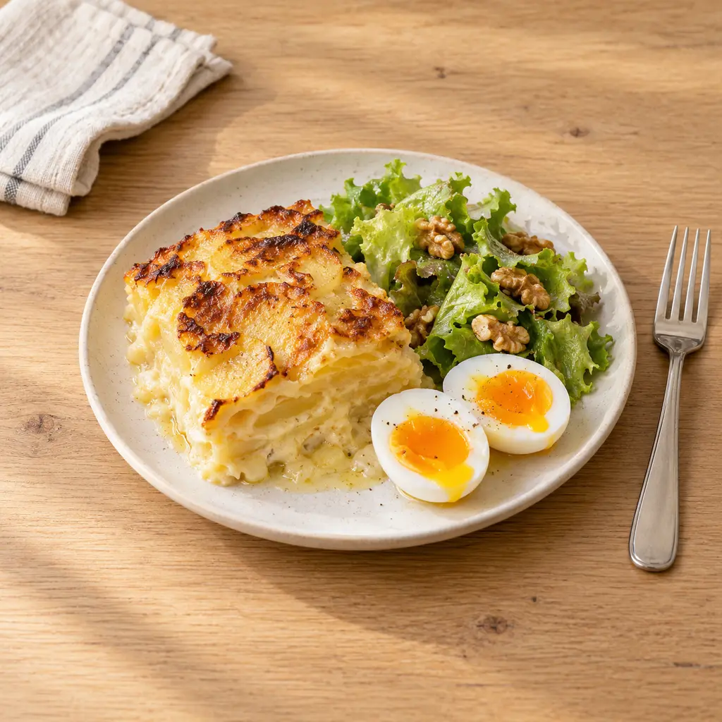 Gratin dauphinois, oeufs mollets et salade aux noix