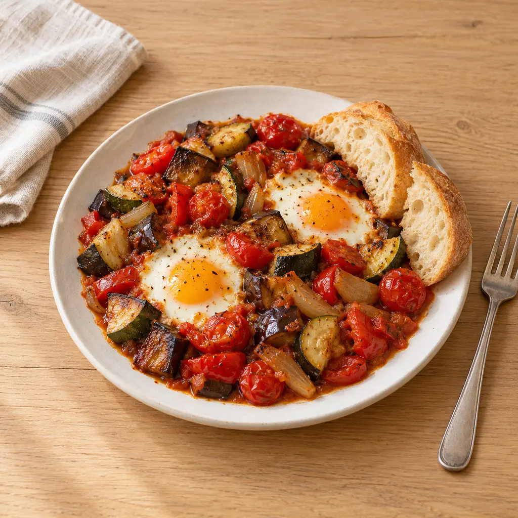 Ratatouille rôtie au four et oeufs cuits dedans