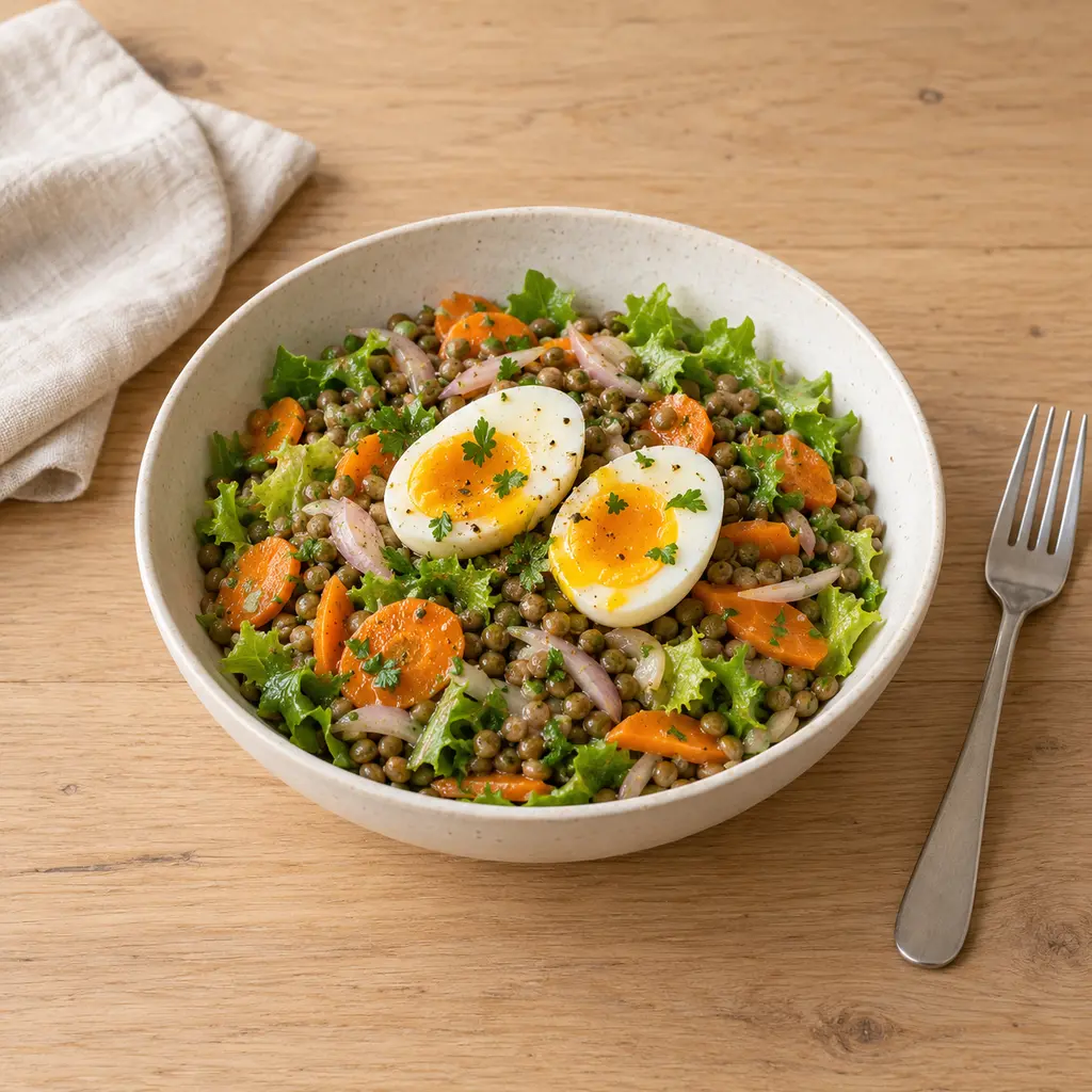 Salade tiède de lentilles, oeuf mollet et vinaigrette moutarde