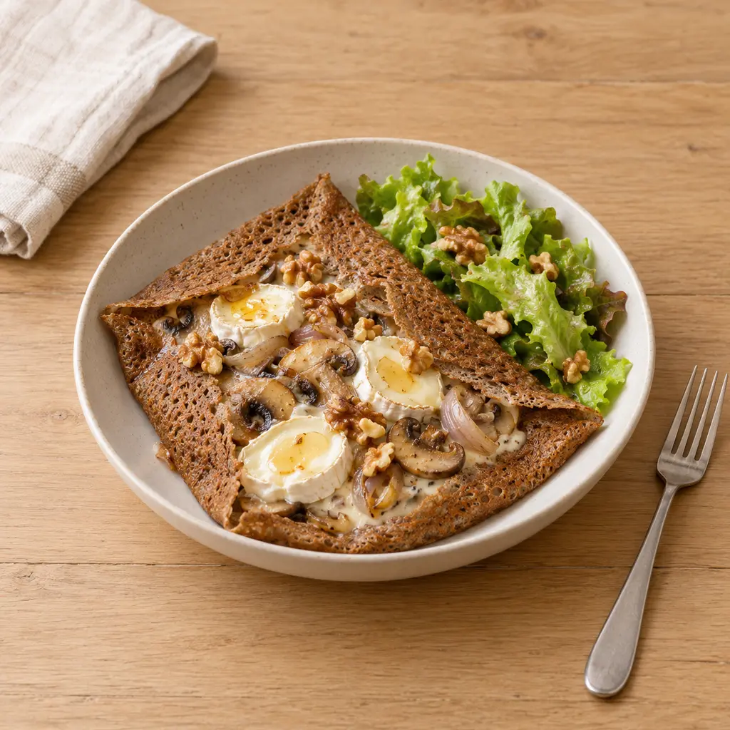 Galettes de sarrasin champignons, chèvre et miel
