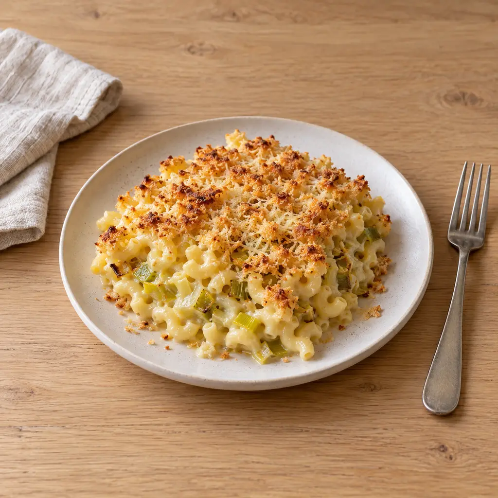 Macaronis gratinés comté et poireaux