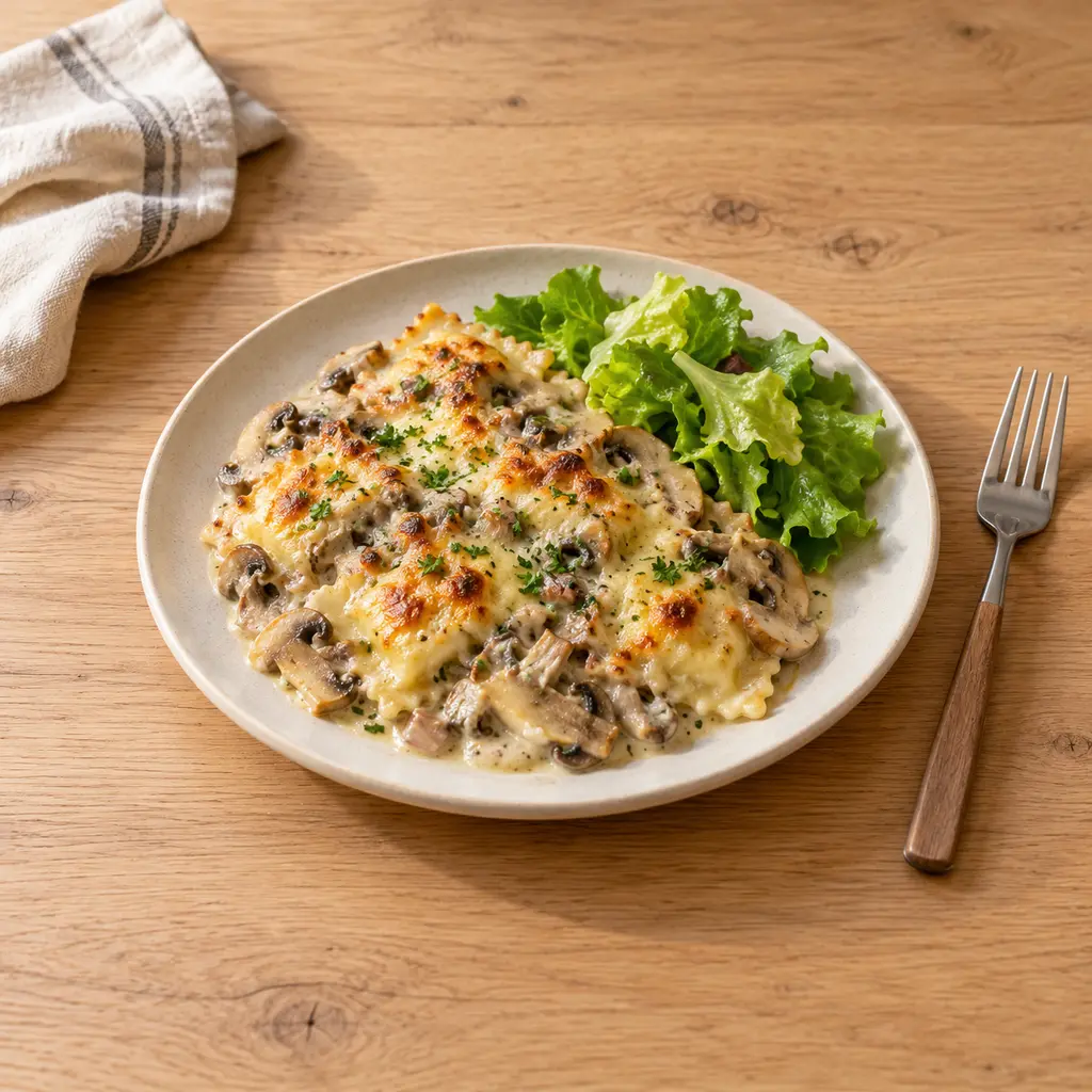 Ravioles gratinées à la crème de champignons