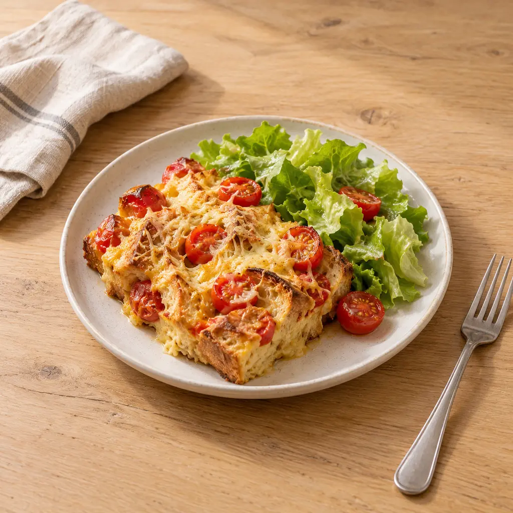 Pain perdu salé au four, tomates cerises et emmental