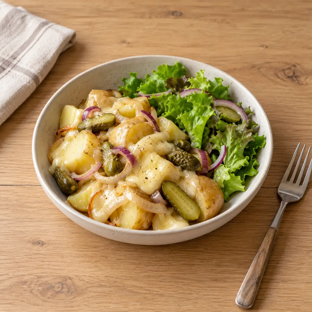 Raclette en poêlée, cornichons et salade