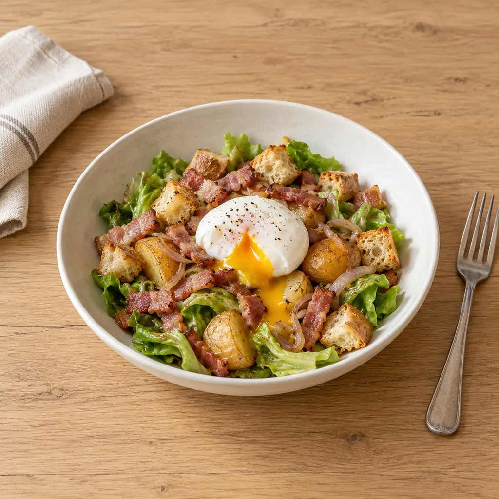 Salade lyonnaise tiède, lardons, oeuf poché et croûtons