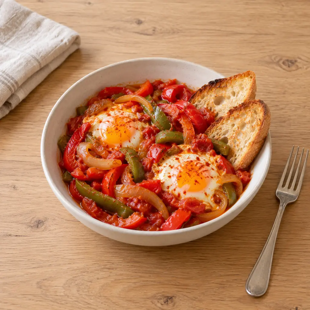 Piperade aux oeufs et pain grillé