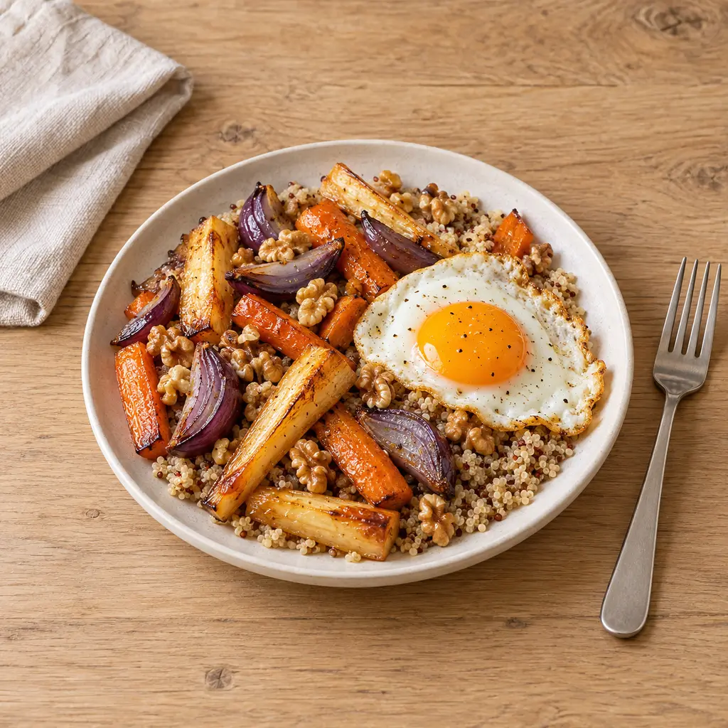 Légumes oubliés rôtis au miel, oeuf au plat et quinoa