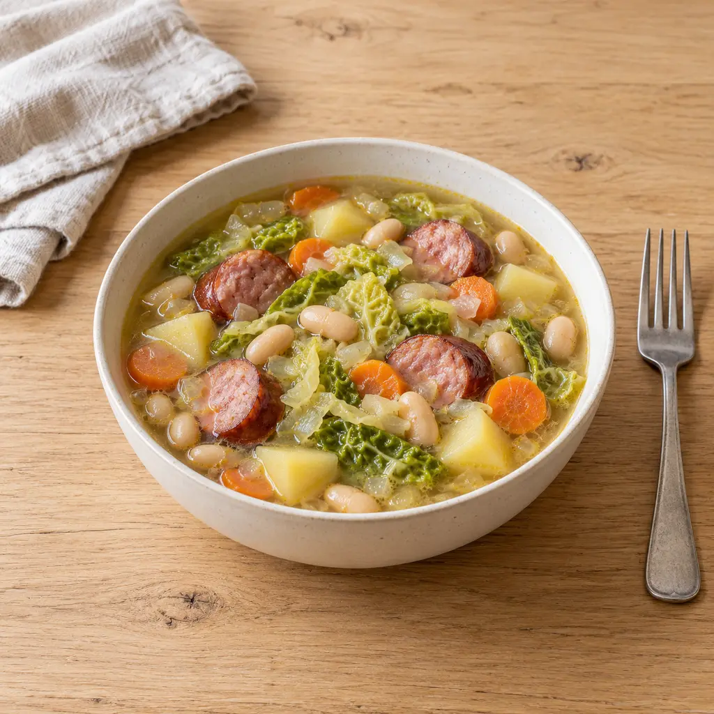 Soupe paysanne au chou, haricots blancs et saucisse fumée