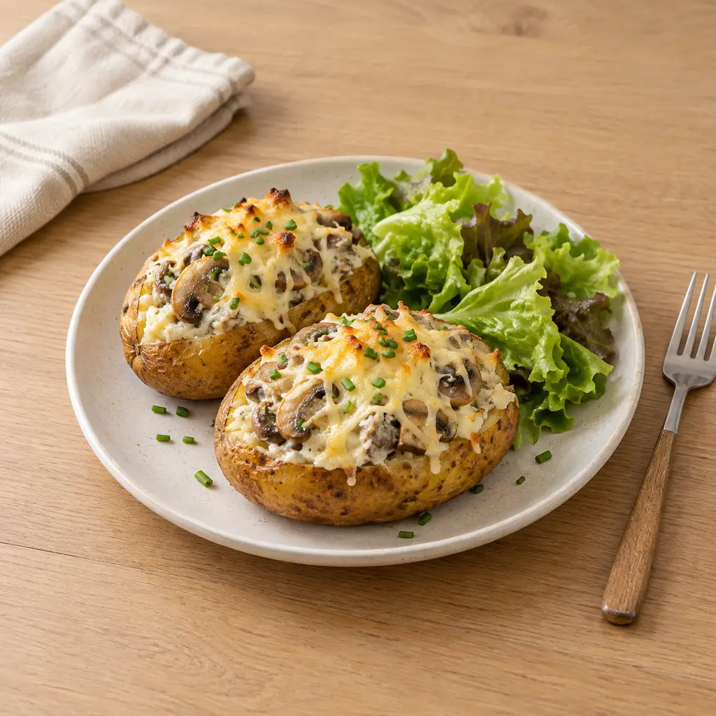 Pommes de terre farcies, fromage frais, champignons et ciboulette