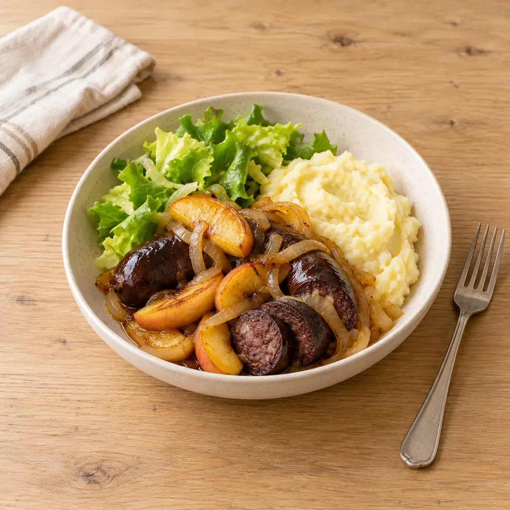 Boudin noir aux pommes caramélisées, purée maison