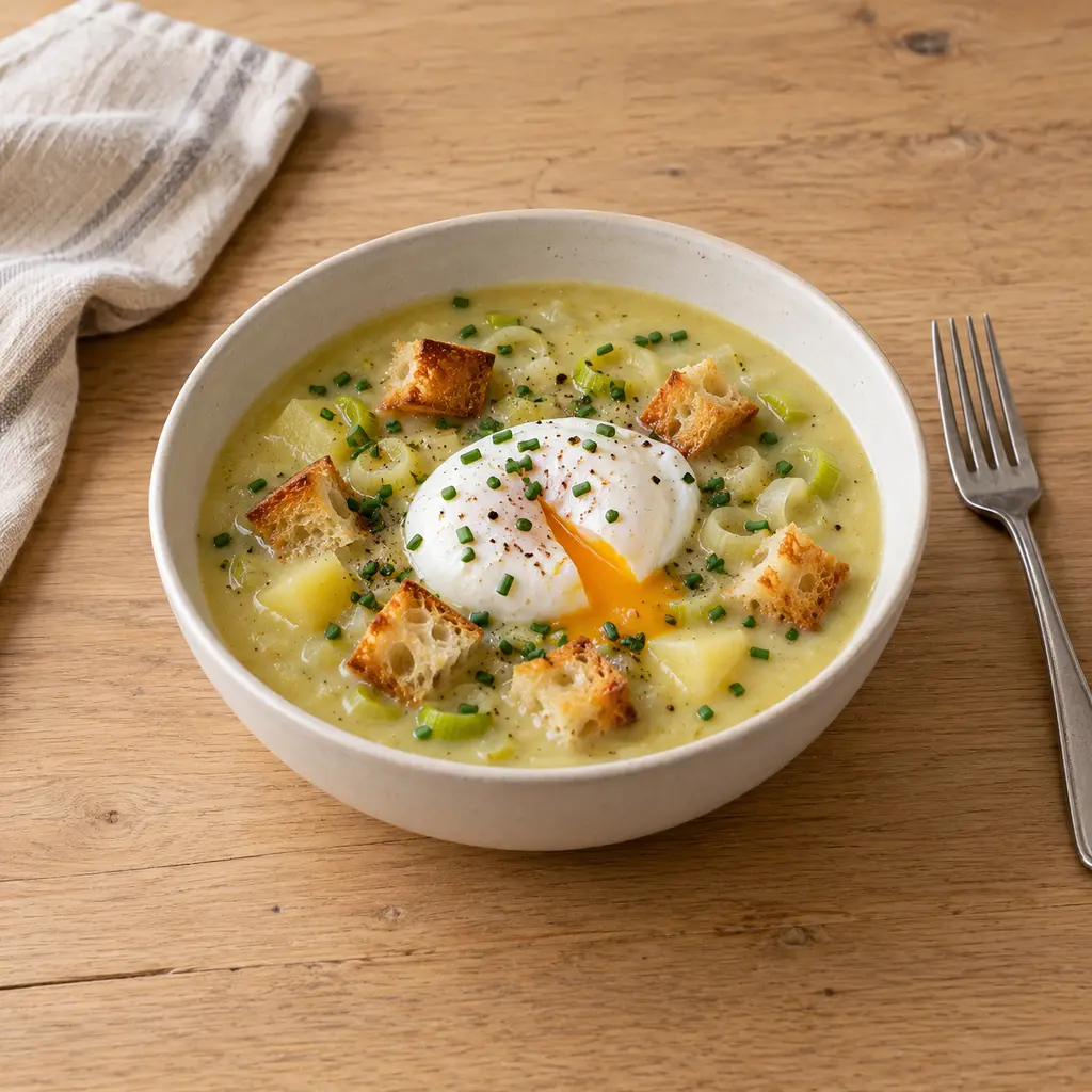 Velouté poireaux-pommes de terre, oeuf poché et croûtons