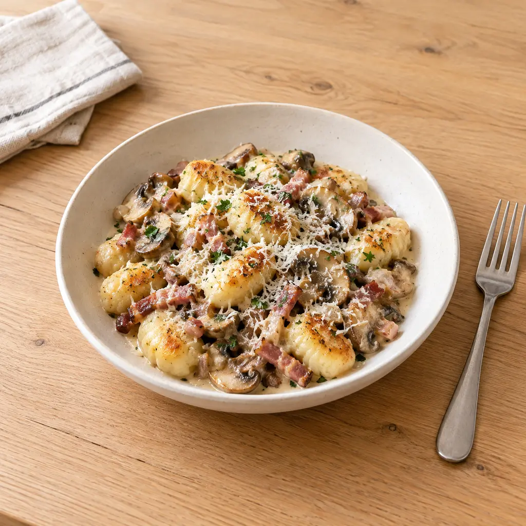 Gnocchis poêlés façon forestière, lardons et champignons