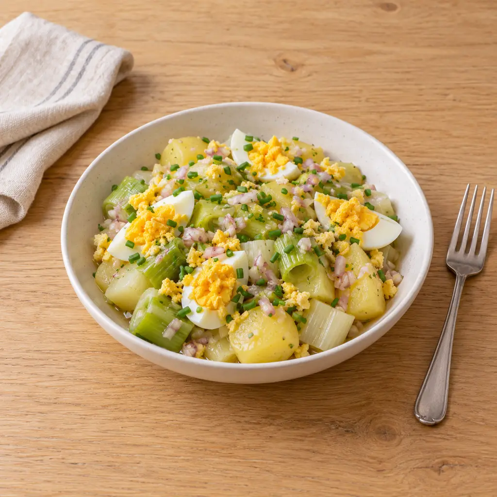 Poireaux vinaigrette, oeufs mimosa et pommes de terre