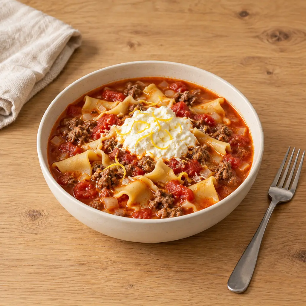 Soupe lasagne au boeuf, ricotta citronnée