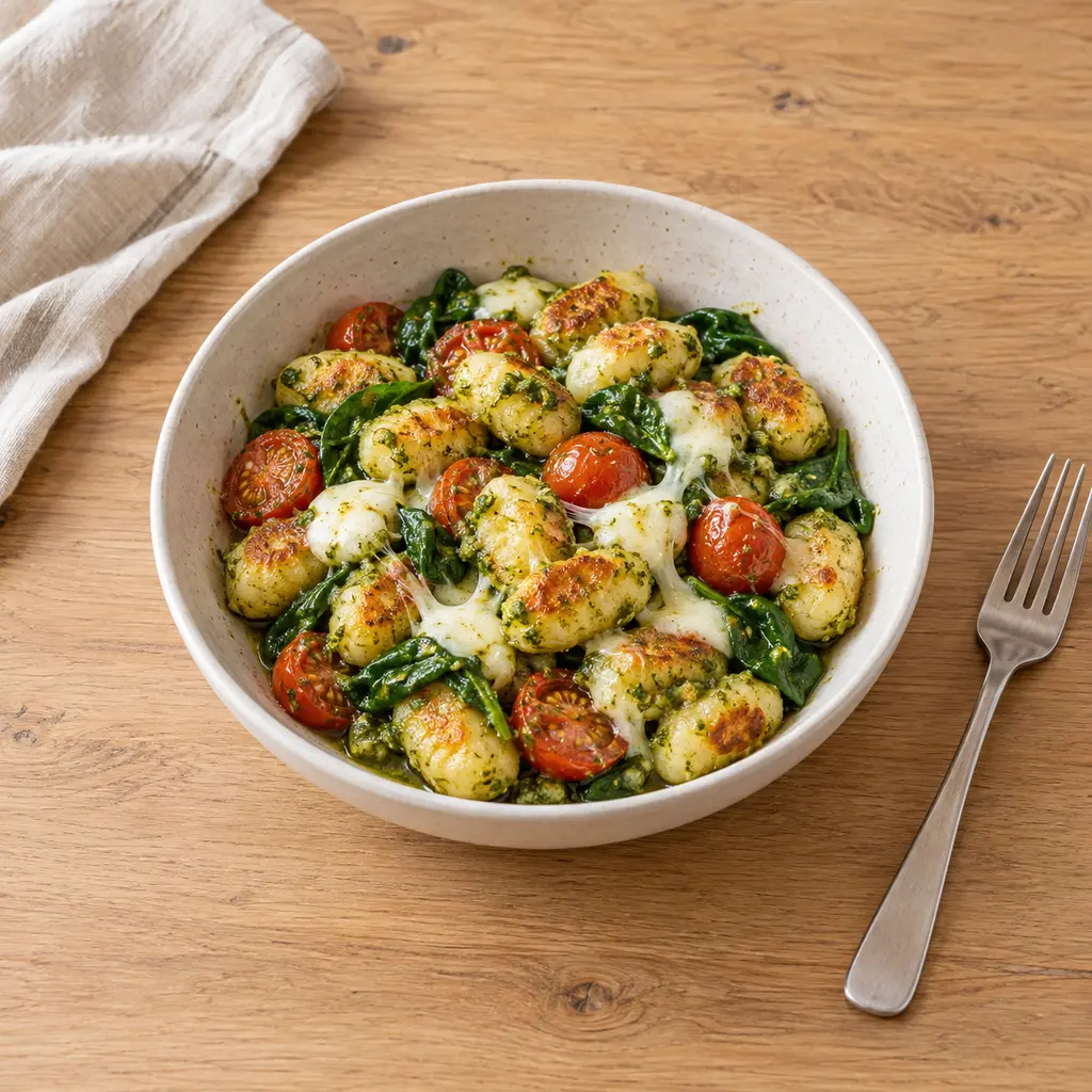 Gnocchis croustillants, pesto et mozzarella