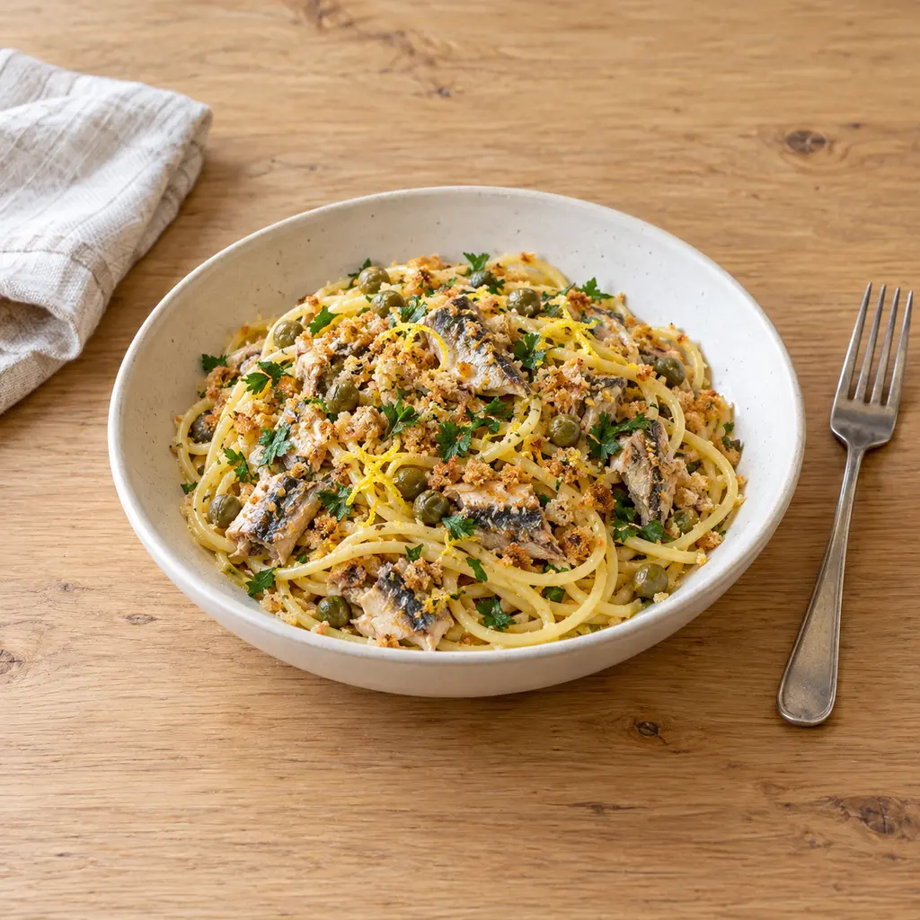 Spaghetti aux sardines, citron et chapelure dorée