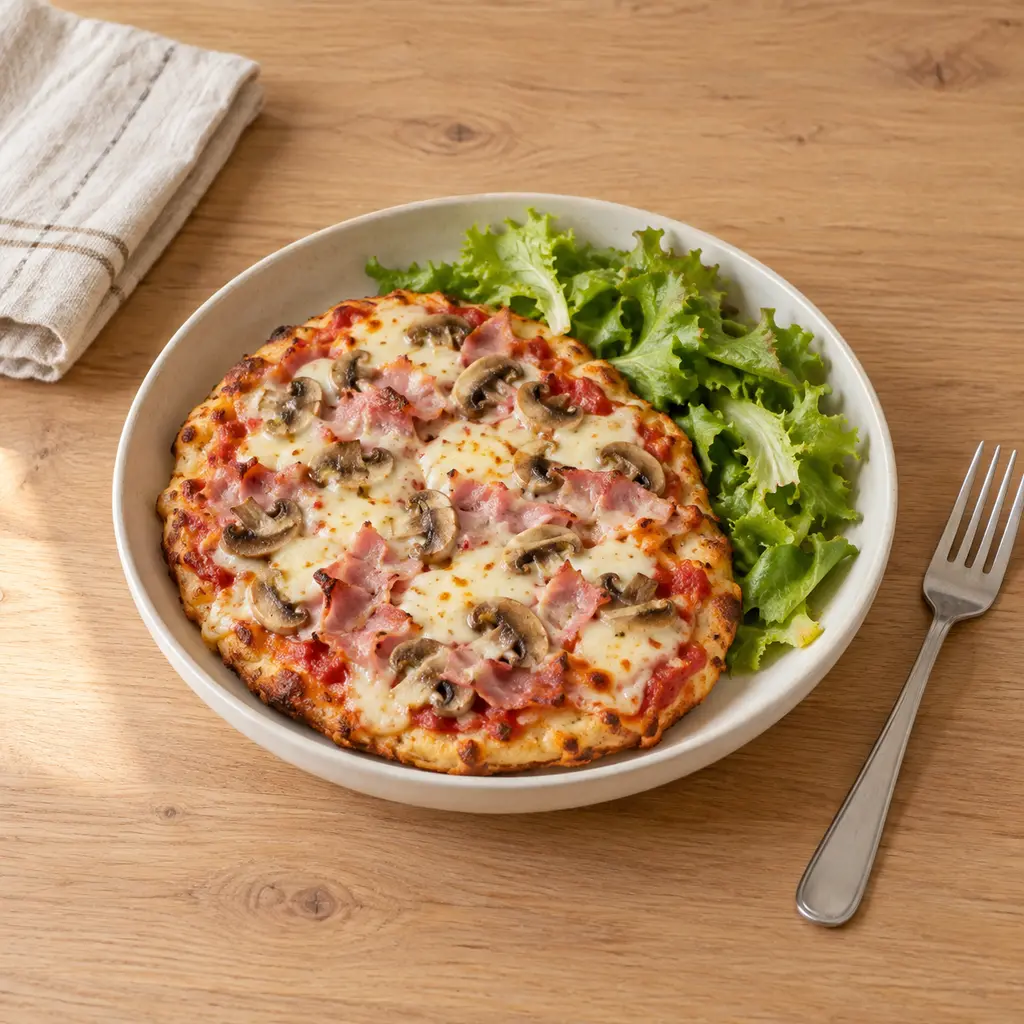 Pizza à la poêle jambon, champignons et mozzarella
