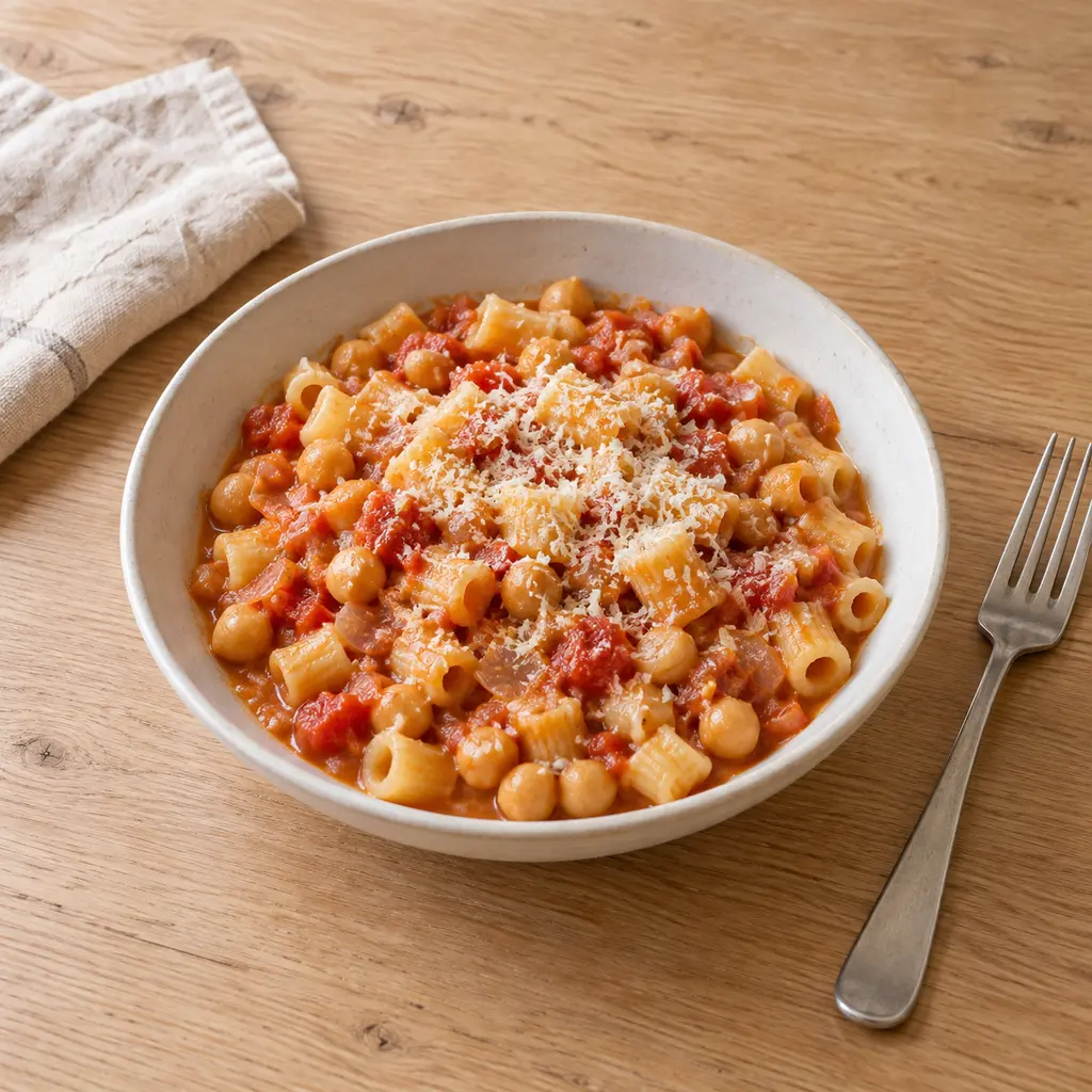Pâtes et pois chiches en one-pot, tomate et herbes