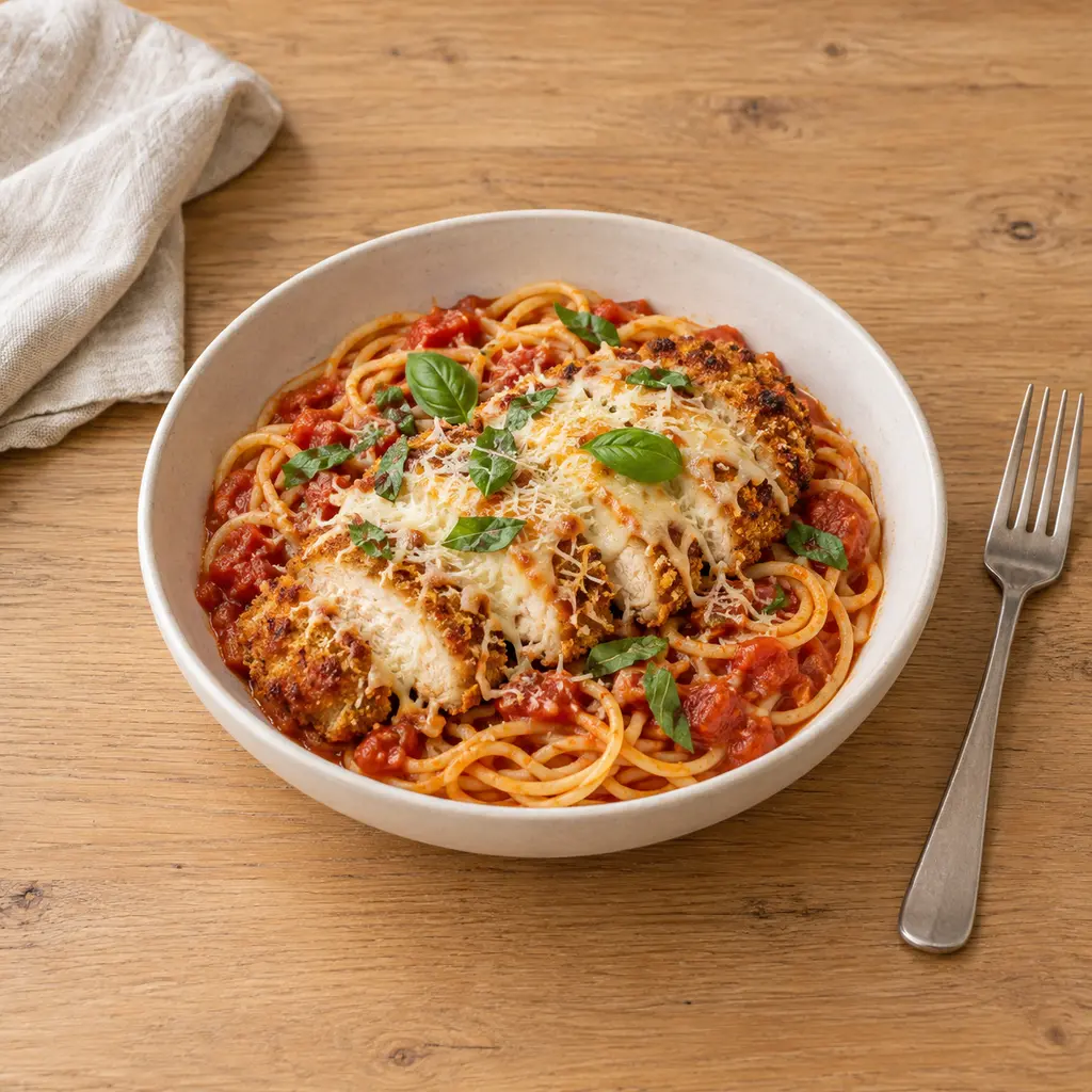 Poulet croustillant au parmesan au air fryer, spaghetti tomate