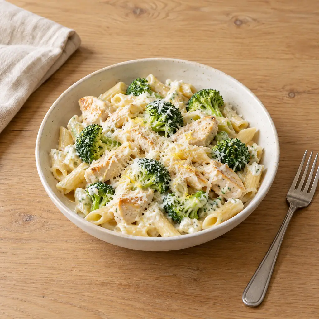 Pâtes crémeuses au cottage cheese, brocoli et poulet