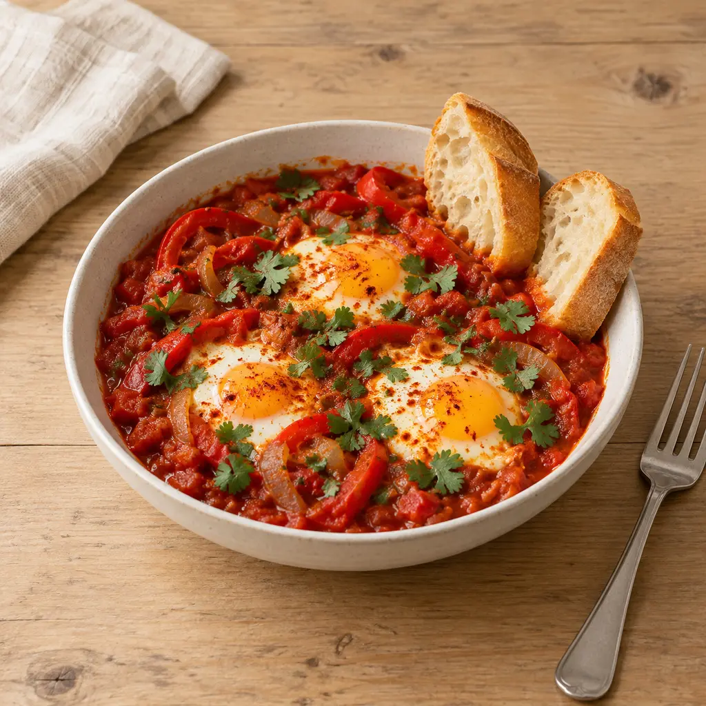 Chakchouka aux oeufs et pain chaud