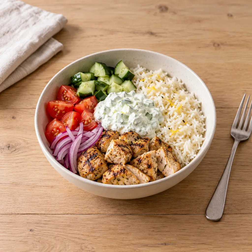 Bowl grec poulet souvlaki, riz citronné et tzatziki