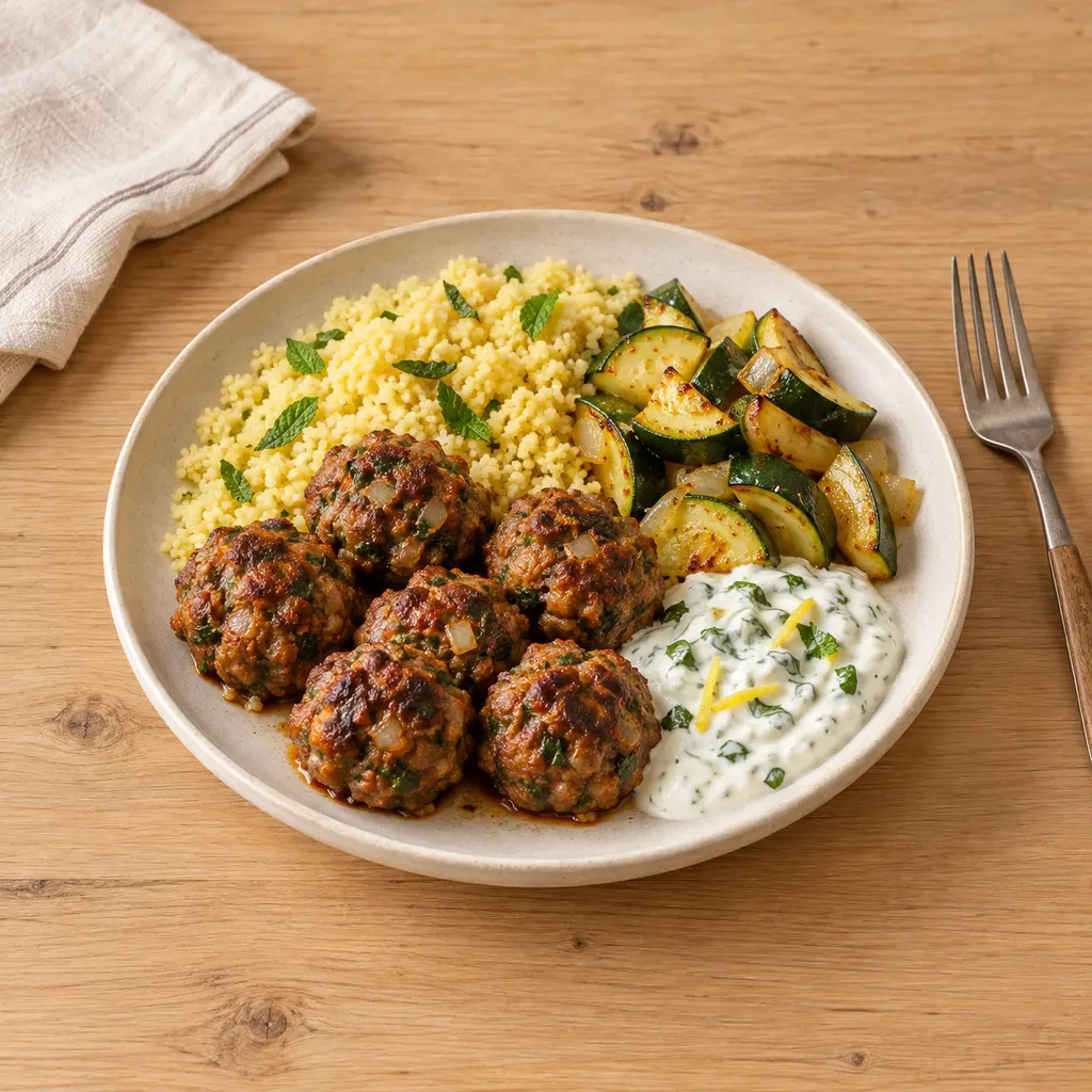Keftas au four, semoule et yaourt citron-menthe