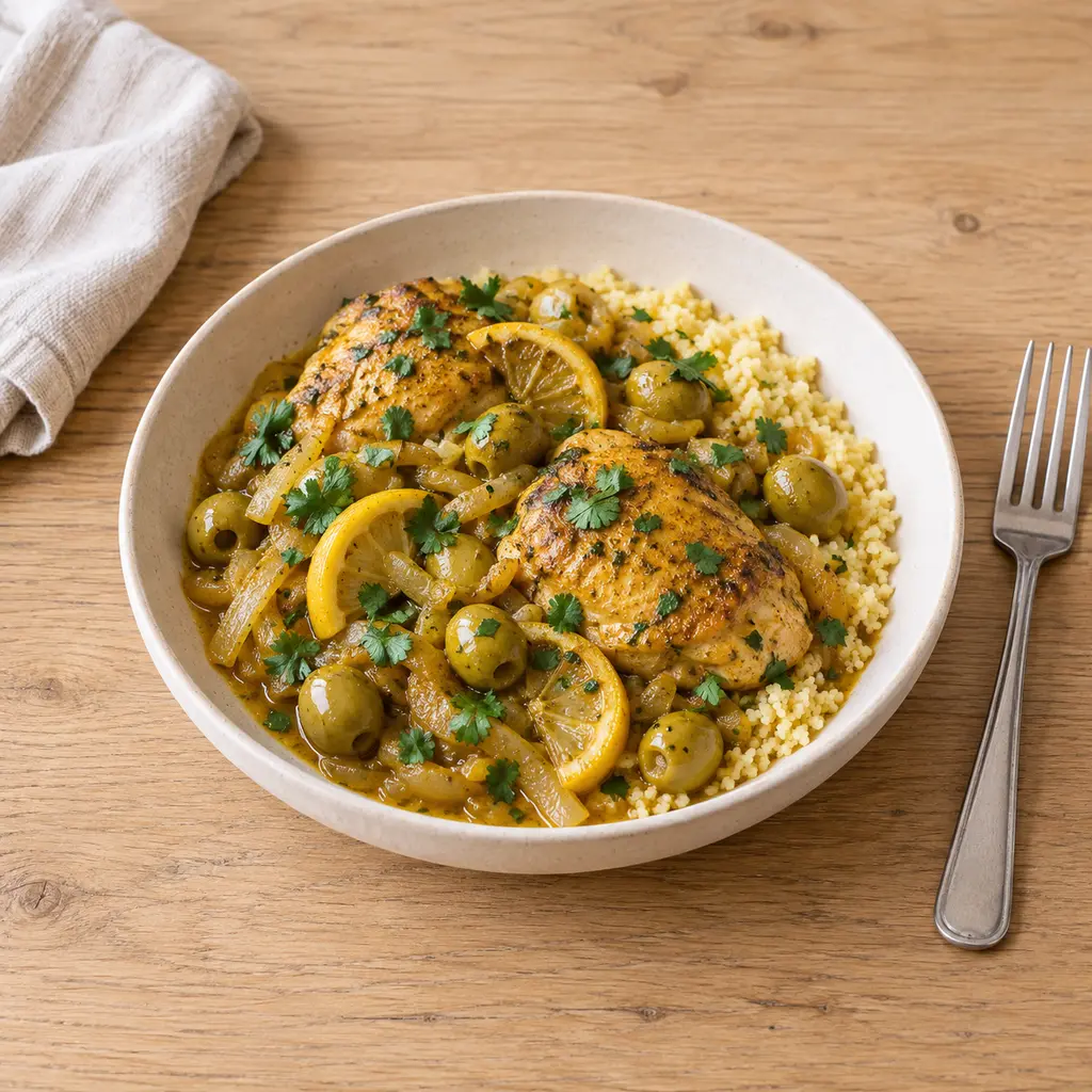 Tajine express de poulet, citron et olives