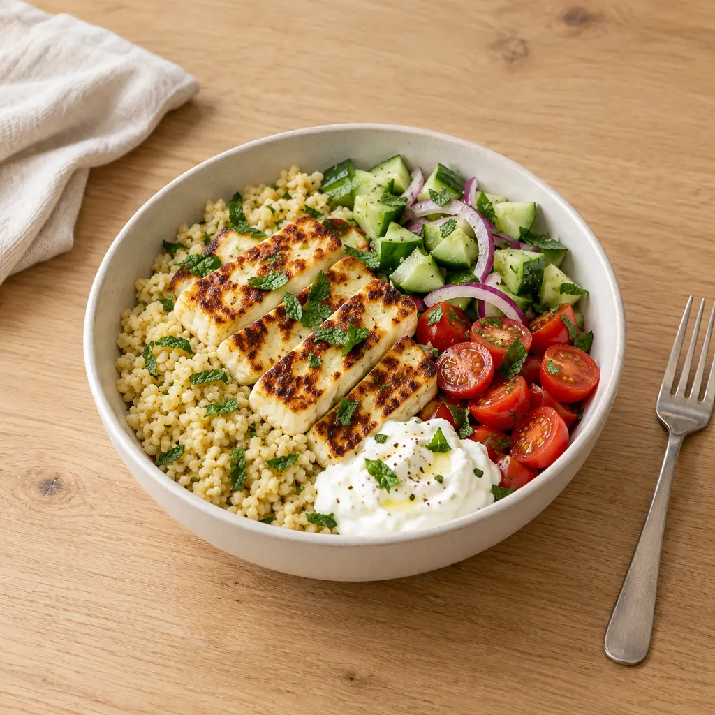 Bowl halloumi grillé, boulgour, concombre et tomates