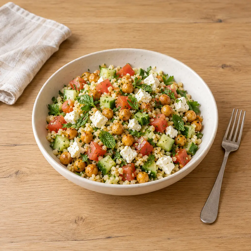 Taboulé de boulgour, pois chiches rôtis et feta