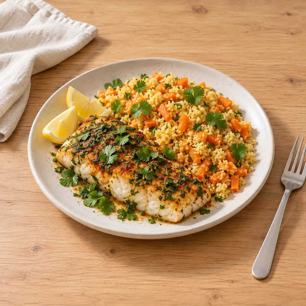Colin à la chermoula et semoule aux carottes