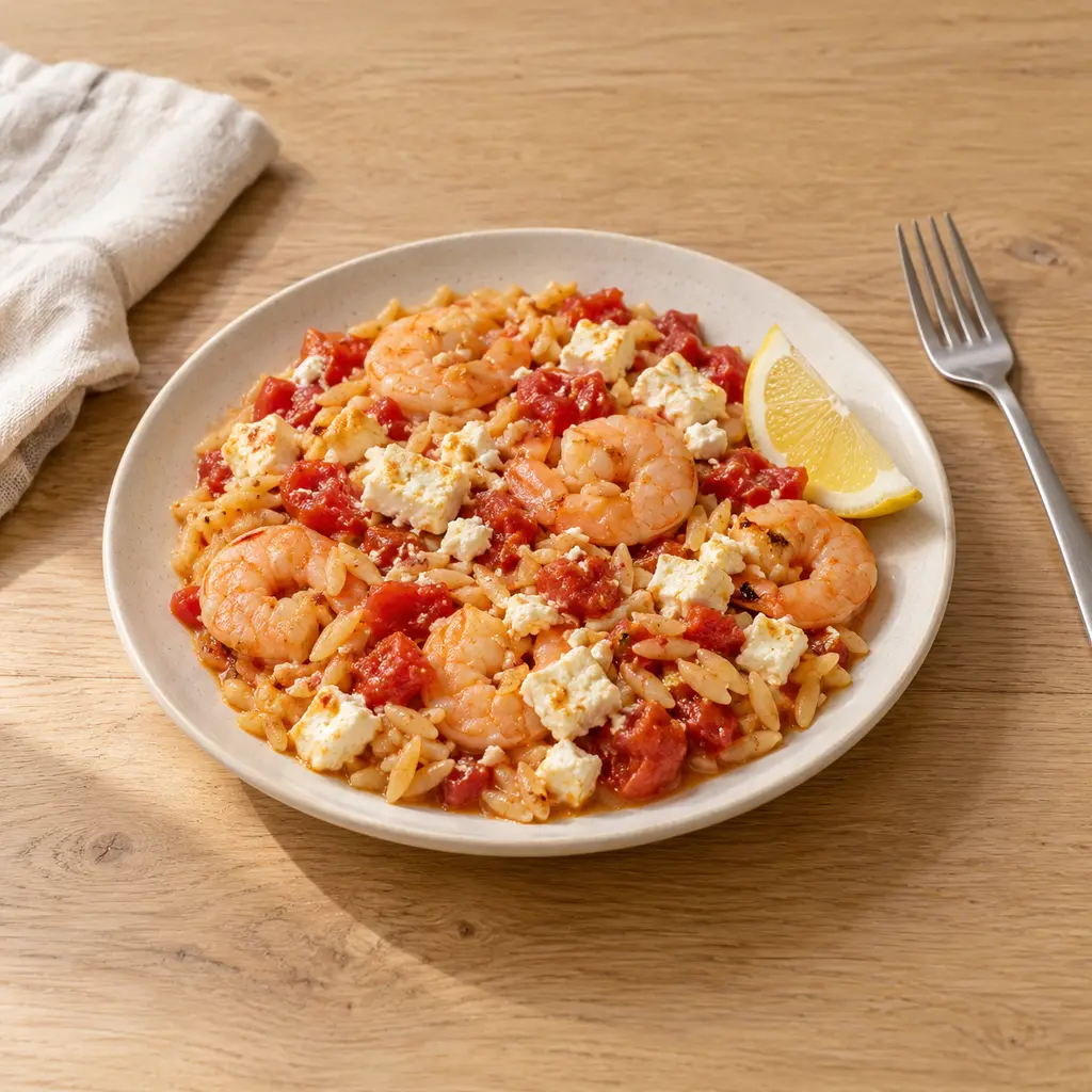 Crevettes feta-tomate au four et orzo