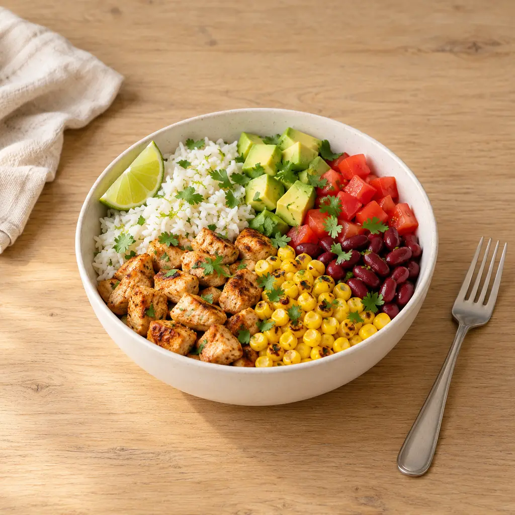 Bowl mexicain poulet, riz citron vert et maïs grillé